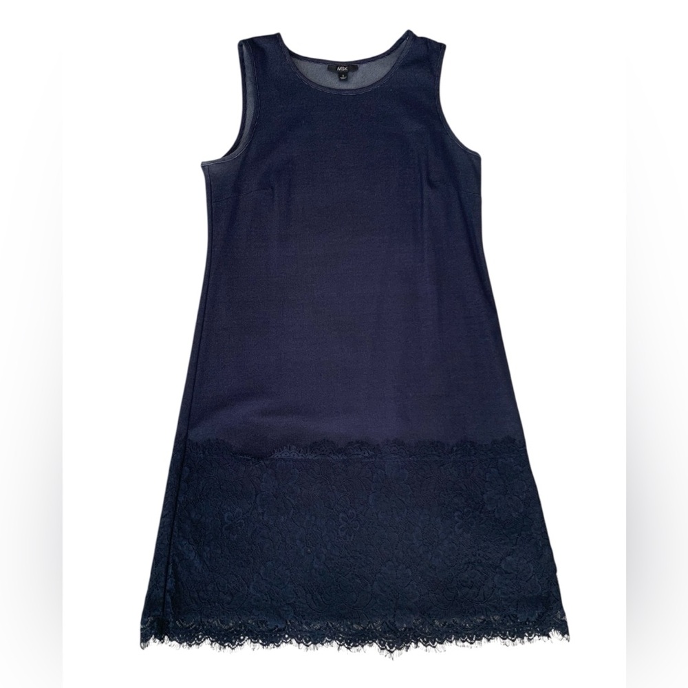 MSK Shift Dress with Lace Detail Women's Small Navy Blue Sleeveless Classic
